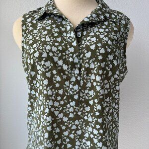 CAbi Keepsake Blouse #3614 Collared Olive/Blue Floral Sleeveless-XL